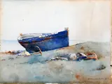 Sydney Laurence, Derelict A small wooden boat beached beside discarded anchors., Watercolour