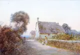 An East Devon thatch cottage by a lane with a woman and child in the foreground. by R.I. John White, Watercolour, offered Sep 2015