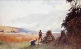 Farm labourers lunching by corn stooks. by R.I. John White, Watercolour, offered Sep 2015