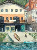 The boat house by Frank Runacres, oil on board, sold Sep 2015