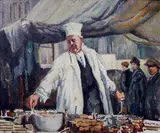 'Cooked while you wait, Bruges' by Pproi Rba Adrian Keith Graham Hill, oil on board, sold Sep 2015