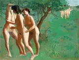 Three Nudes in a Landscape by Ruth Barker, oil on board, sold Sep 2015