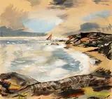 Coastal scene with yacht by Rowland Suddaby, pen, ink and watercolour, sold Sep 2015