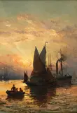 Steam boat and sailing vessels at sunset; and companion by William Anslow Thornley, oil on panel, sold Sep 2015