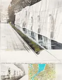 Wrapped monument to Farel-Calvin-Bèze-Knox (Project for Genova) by Christo, 1977, Farblithografie und Collage aus Stoff, Zwirn, Fotografie und Stadtplan auf Rives-Velin, aufgezogen auf Karton, montiert , sold Jan 2024