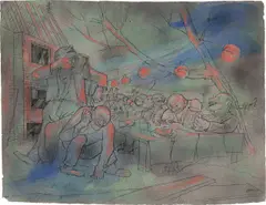 Das Richtfest by Oskar Nerlinger, 1935, Aquarell, Tuschfeder und Deckweiß auf blauem Arches-Velin, sold Jan 2024