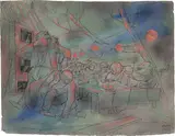 Das Richtfest by Oskar Nerlinger, 1935, Aquarell, Tuschfeder und Deckweiß auf blauem Arches-Velin, sold Jan 2024