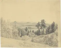 Aussicht vom Porsberg auf den Lilienstein und den Königstein by August Richter, 1849, Tusche in Schwarz und Bleistift auf Papier, sold Jun 2025