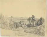 August Richter, Aussicht vom Porsberg auf den Lilienstein und den Königstein, 1849, Tusche in Schwarz und Bleistift auf Papier