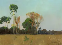 Am Rande des Urwalds (Behobeho) by Wilhelm Kuhnert, 1905, Öl auf Leinwand, aufgezogen auf Leinwand, sold Aug 2023