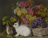 Zwei Kaninchen mit Trauben by Johanna („Jenny") Fischer, 1842, Öl auf Leinwand, auf Holz, sold Jun 2025