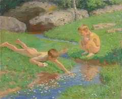 Sommertag mit zwei Knaben am Bach. Wohl 1923 by Max Pietschmann, Öl auf Pappe, sold Nov 2024