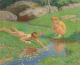 Sommertag mit zwei Knaben am Bach. Wohl 1923 by Max Pietschmann, Öl auf Pappe, sold Nov 2024