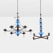 Hanging candelabra, set of two by Erik Höglund, c. 1965, enameled iron, glass, sold Nov 2023