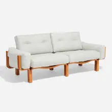 Lamingo settee by Sven Dysthe, c. 1975, laminated teak, upholstery, sold Nov 2023