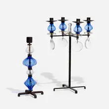 Candelabrum and candlestick by Erik Höglund, c. 1965, glass, enameled iron, sold Nov 2023