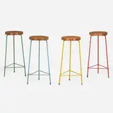 Stools from the College of Architecture, Chandigarh, set of four by Pierre Jeanneret, c. 1960, teak, enameled steel, sold Oct 2023