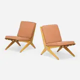 Scissor chairs model 92, pair by Pierre Jeanneret, birch, upholstery, patinated aluminum, sold Oct 2023