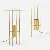 Floor lamps, pair by Philip Johnson and Richard Kelly, 1953, brass, enameled aluminum, sold Oct 2023