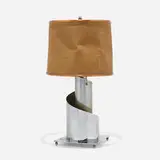 Table lamp by Donald Deskey, c. 1930, chrome-plated brass, cloth, copper, sold Oct 2023