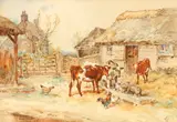 English School, Calves feeding before a thatched barn, watercolour