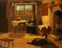 A cottage interior with lady at a tea table and dog by the hearth by Frederick Daniel Hardy, sold Jun 2015