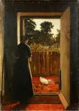 Maid feeding duck and ducklings at a cottage door by Joseph Clark, oil on canvas, sold Jun 2015
