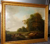 A wooded landscape with figures and cattle resting by a stream by Balthasar-Paul Ommeganck, oil on canvas,, sold Jun 2015