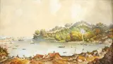 A busy estuary with stately home; A coastal scene with figures on a cliff looking out to ships at sea; A wooded rocky outcrop, a group of three, by Sr. Whichelo Henry Mayle, watercolours,, sold Jun 2015
