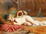Reclining young girl and dog by Late 19th Century British School, oil on canvas, sold Jun 2015