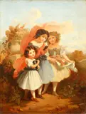 Three girls and a puppy by English School, oil on panel, sold Jun 2015