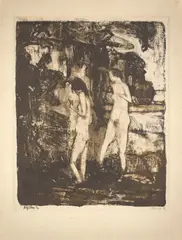 Badende Frauen am Waldstrand by Max Kaus, 1924, Farblithografie auf Bütten, auf Karton aufgezogen, sold Dec 2022