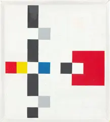 Vertikal-Rythmus mit blauem Quadrat“ oder: “Quadrate in Beziehung gesetzt““. Vor 1991 by Alfred Roth, Öl auf Leinwand, aufgezogen auf Karton, auf bemalten Keilrahmen montiert, sold Jan 2023