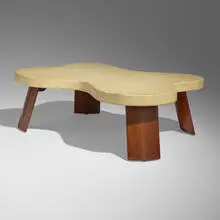 Coffee table, model 5005 by Paul Theodore Frankl, c. 1951, lacquered cork, mahogany, sold Oct 2023