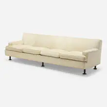 Regent sofa by Marco Zanuso, c. 1960, upholstery, rosewood, enameled steel, sold Oct 2023