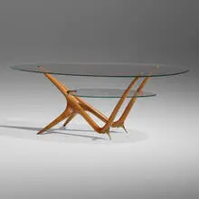 Carlo Mollino, Important coffee table, model 1114, 1950, maple, tempered glass, brass