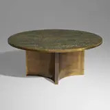 Eternal Forest coffee table by Philip and Kelvin Laverne, c. 1965, acid-etched and enameled brass, pewter, sold Oct 2023