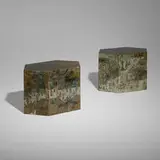 Spring Festival occasional tables, pair by Philip and Kelvin Laverne, c. 1965, etched, patinated, and enameled brass, pewter, sold Oct 2023