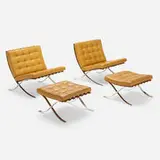 Barcelona chairs and ottomans, pair by Ludwig Mies van der Rohe, stainless steel, leather, sold Oct 2023