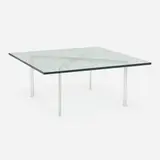 Barcelona coffee table by Ludwig Mies van der Rohe, stainless steel, smoked glass, sold Oct 2023