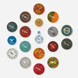 Meridian wall clocks, collection of eighteen by George Nelson & Associates, c. 1965, glazed ceramic, lacquered aluminum, brass, sold Oct 2023