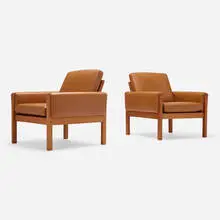 Lounge chairs model AP62, pair by Hans J. Wegner, c. 1960, teak, leather, brass, sold Oct 2023