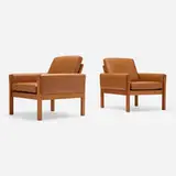Hans J. Wegner, Lounge chairs model AP62, pair, c. 1960, teak, leather, brass
