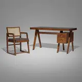 Desk and armchair from Chandigarh by Pierre Jeanneret, c. 1960, teak, leather, upholstery, cane, aluminum, sold Oct 2023