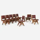 Dining chairs from Punjab University, Chandigarh, set of eight by Pierre Jeanneret, c. 1958-59, teak, leather, sold Oct 2023
