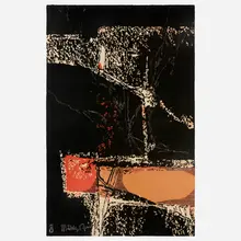 Aigle Noir tapestry from the Astor Tower Hotel, Chicago by Mathieu Matégot, c. 1950, hand-woven wool, sold Oct 2023