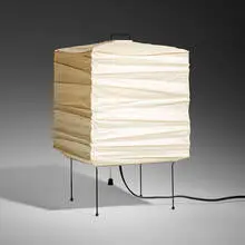 Akari light sculpture, model 3X by Isamu Noguchi, washi paper, bamboo, enameled steel, rubber, sold Oct 2023