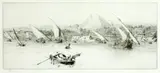 Sail boats on the river Nile with Pyramids by William Lionel Wyllie, etching, sold Jun 2015