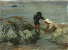 Children playing on a beach by William Pratt, oil on canvas, sold Jun 2015