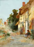 A village street, with woman seated before a cottage, and another similar, with maid seated before a pool, a pair by Arthur Claude Strachan, watercolour, sold Jun 2015
